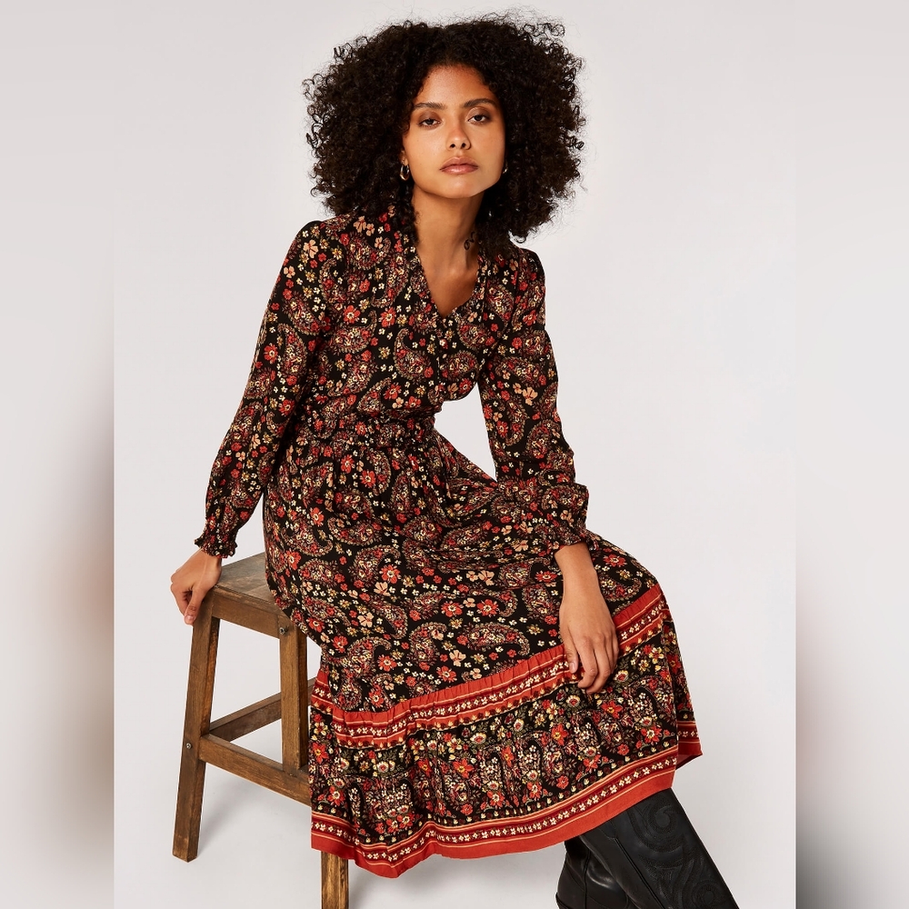Bohemian Paisley Floral Dress with Scarf Print Hem